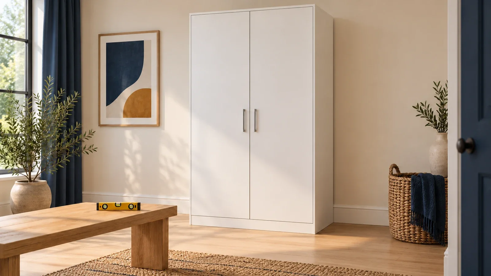 Editorial illustration of a white wardrobe with aligned closed doors and a spirit level on a nearby bench.