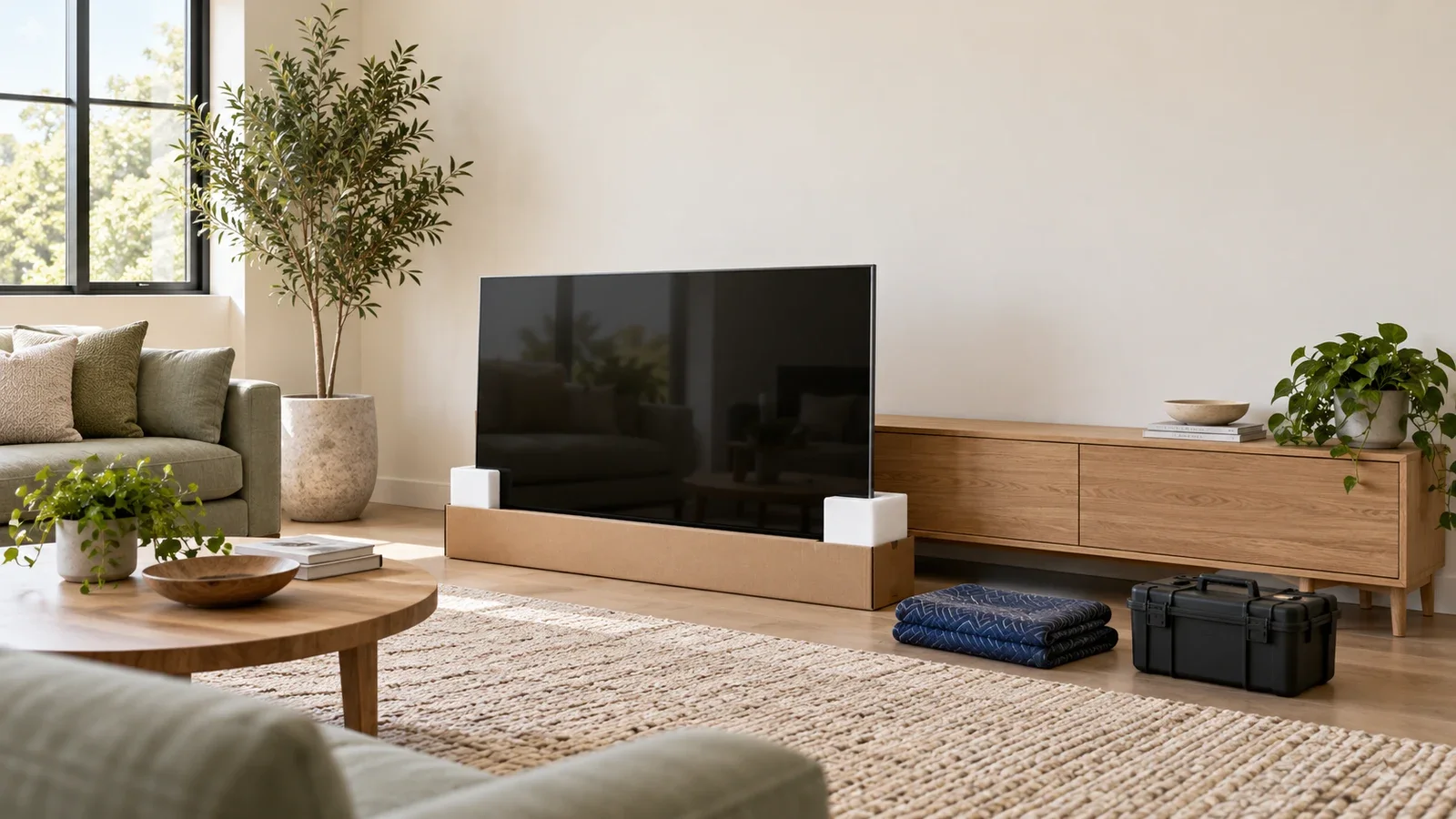 Conceptual living room prepared for TV installation, with a television in protective packaging, a folded blanket and a closed toolkit; not an actual UPTask project.