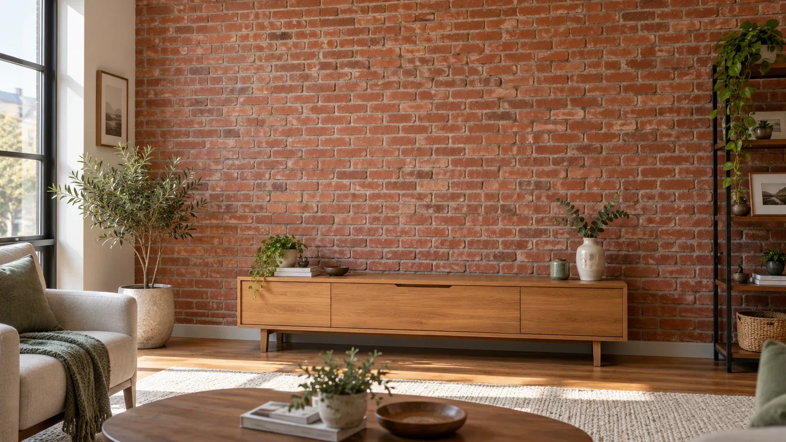 Conceptual living room with an exposed brick feature wall and an empty media console, showing a possible TV location before assessment; not an actual UPTask project.