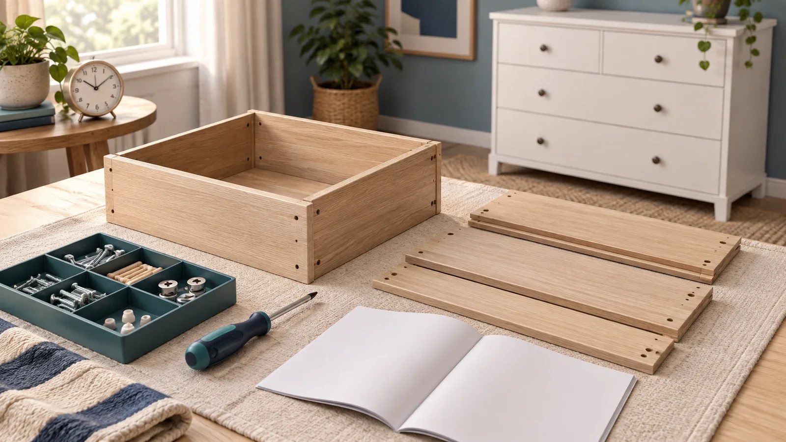 Editorial illustration of a drawer box, flat panels, organized hardware and instructions with a clock nearby.